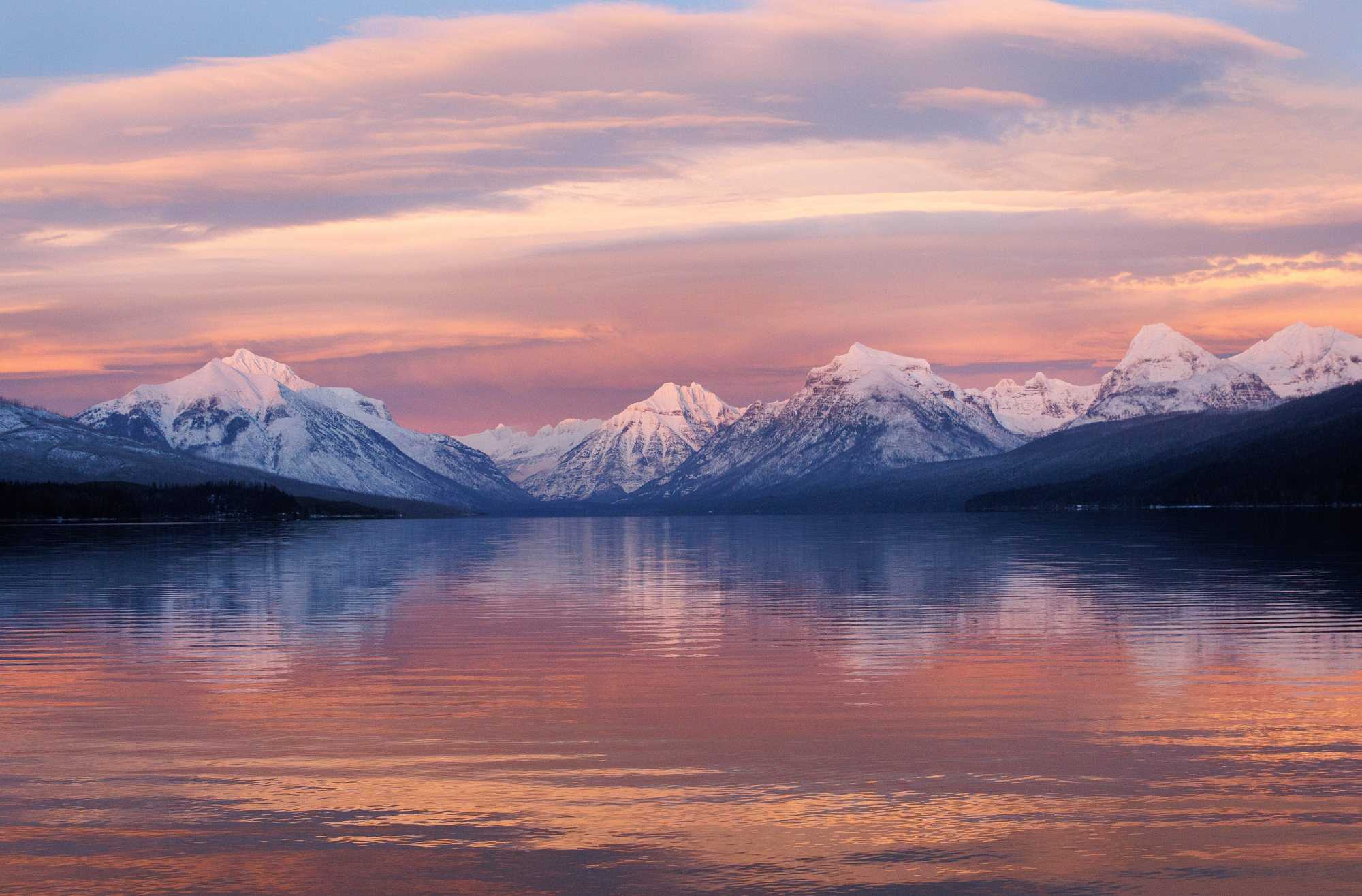 Alpenglow on the peaks above Lake McDonald in Glacier National Park.